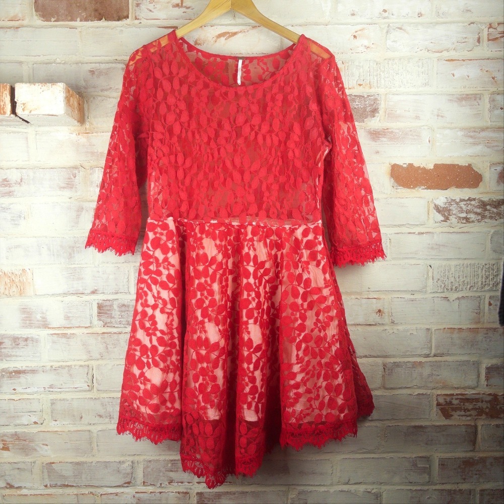 Free People Red Lace Midi Dress Size 12 3/4 Sleeve Coquette Date Night Romantic